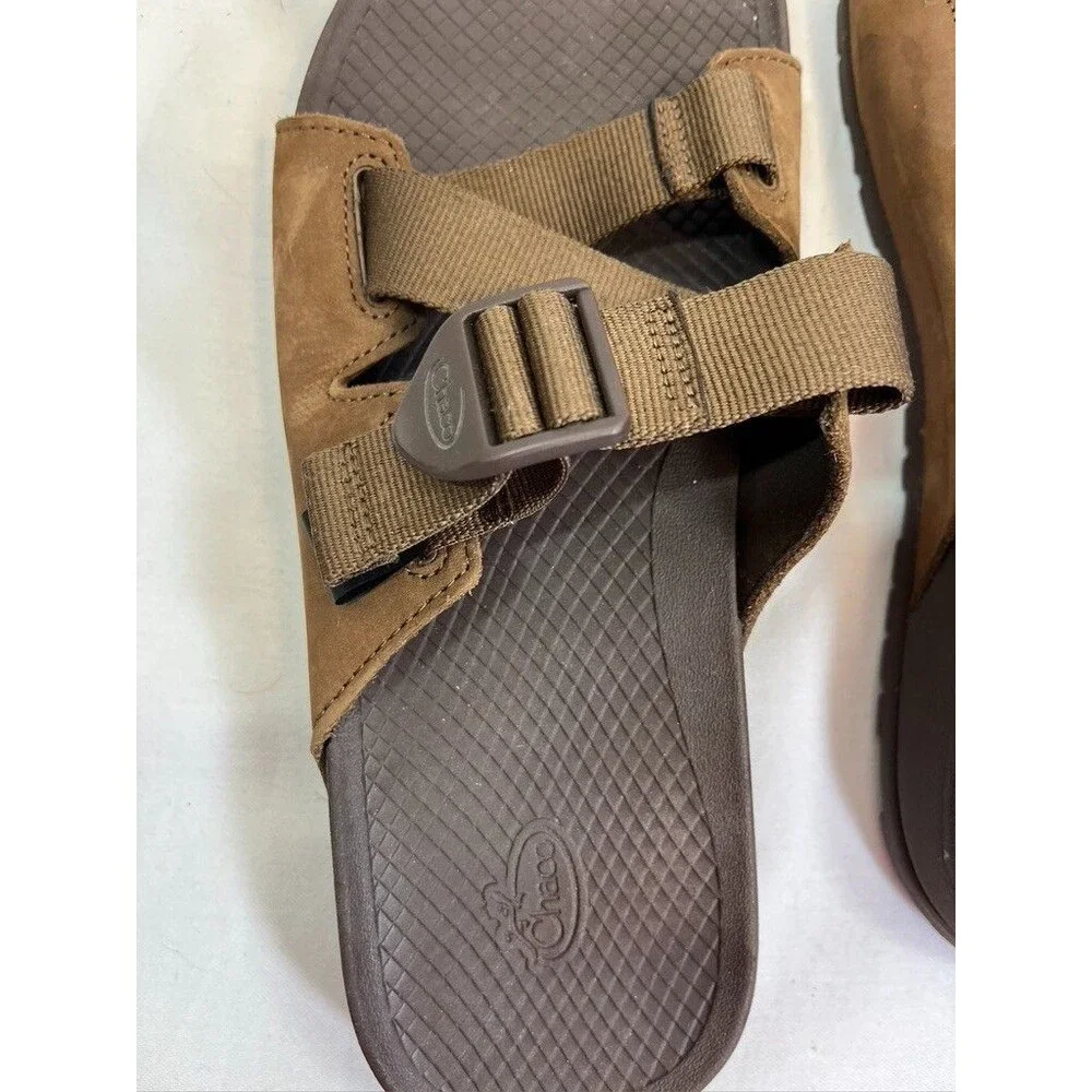 CHACO MENS SZ 9 SLIP ON STRAPY SANDALS BROWN LEATHER WITH BUCKLE